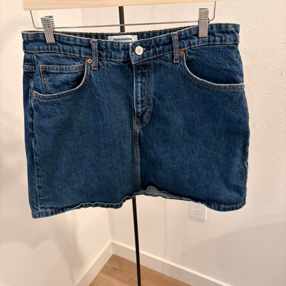 Reformation Lydia High Rise Denim Mini Skirt Huron Blue Size 31